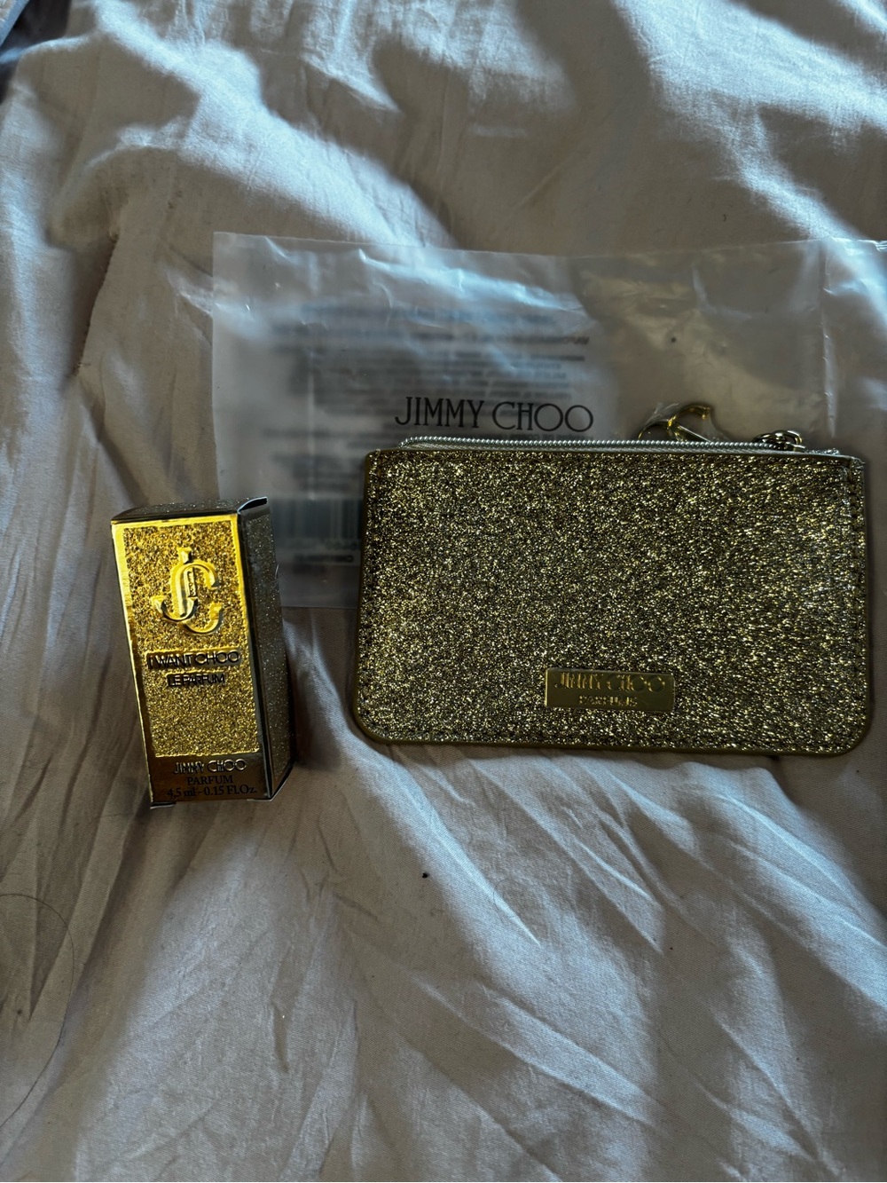 Jimmy Choo Gold Glitter Zip Card Holder and parfume